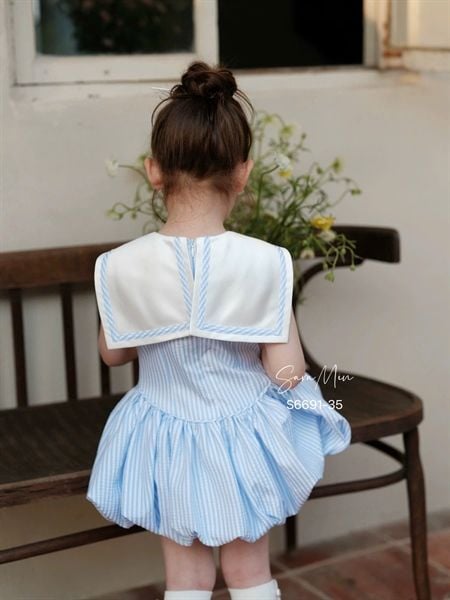  Đầm kẻ xanh thủy thủ dáng bí ngô 