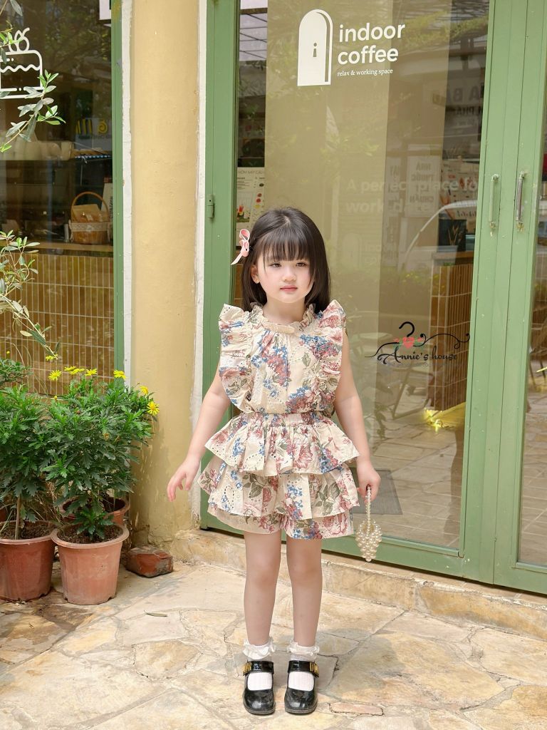  SET AMELIA TIỂU THƯ - Bèo Tầng Thô Thêu Hoa - màu kem 
