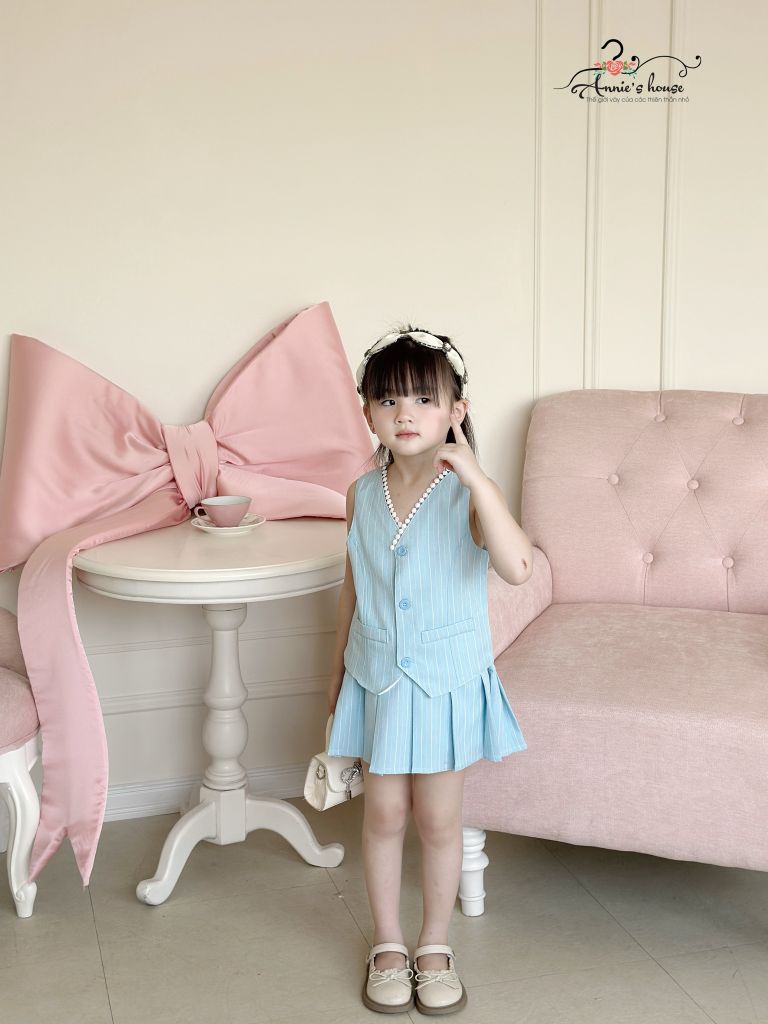  Set Gile chân váy dập li - Xanh 