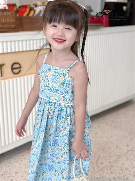  Đầm 2 dây nhún lưng - Hoa Xanh 