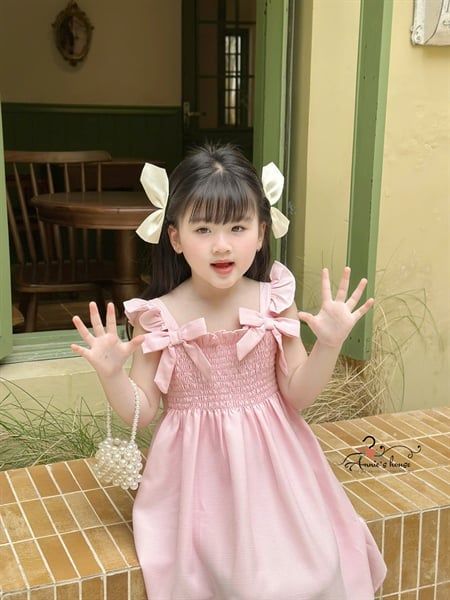  ĐẦM MAXI LUCIA - Nhún ngực tay cánh tiên đính nơ - Hồng Phấn 