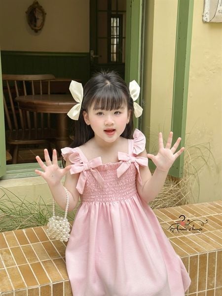  ĐẦM MAXI LUCIA - Nhún ngực tay cánh tiên đính nơ - Hồng Phấn 