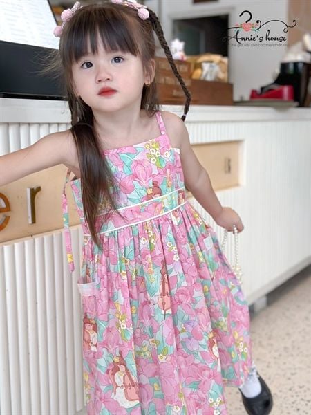  Đầm 2 dây nhún lưng - Hoa Hồng 