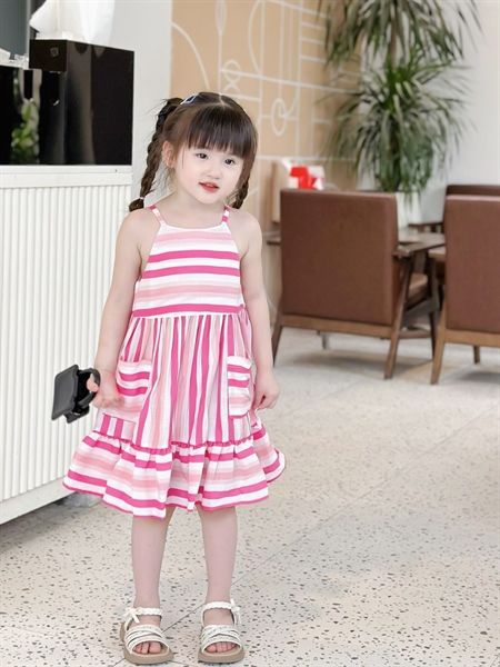  Đầm tơ sọc 2 dây - sọc hồng 