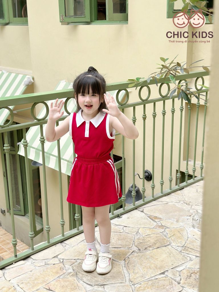  Set Sporty Chic - áo crop top viền trắng phối chân váy - Đỏ 