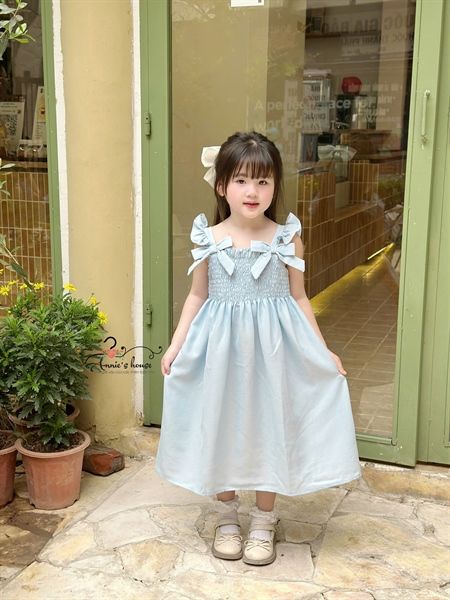  ĐẦM MAXI LUCIA - Nhún ngực tay cánh tiên đính nơ - Xanh Biển 