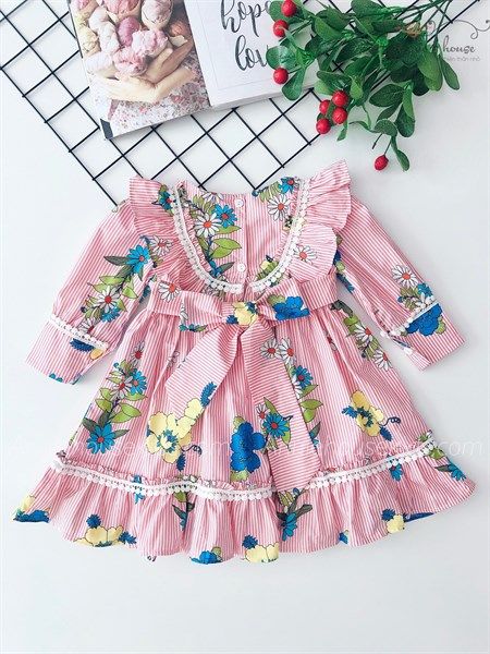  Đầm kẻ sọc hoa - Hồng 