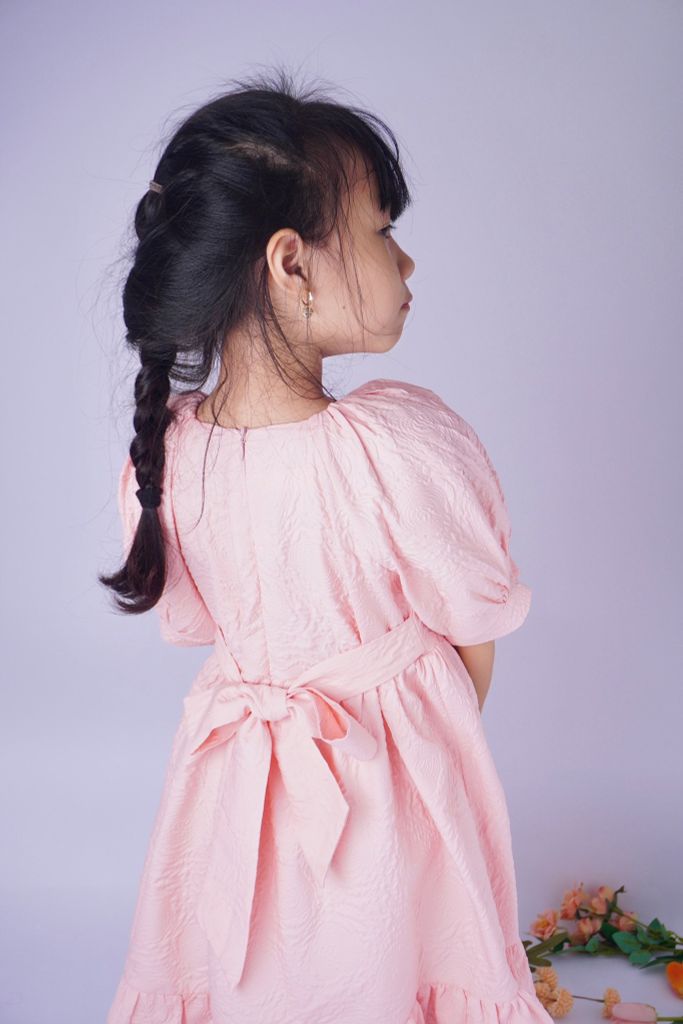  Đầm xốp gấm tay phồng - Hồng 