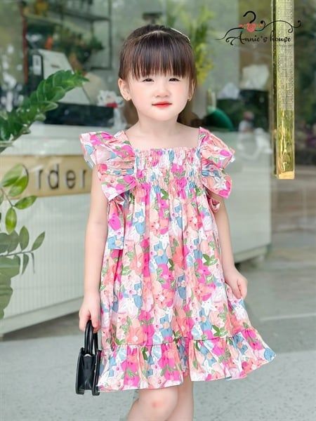  Đầm tay bèo nhún thun nơ 2 bên - Hoa Hồng 