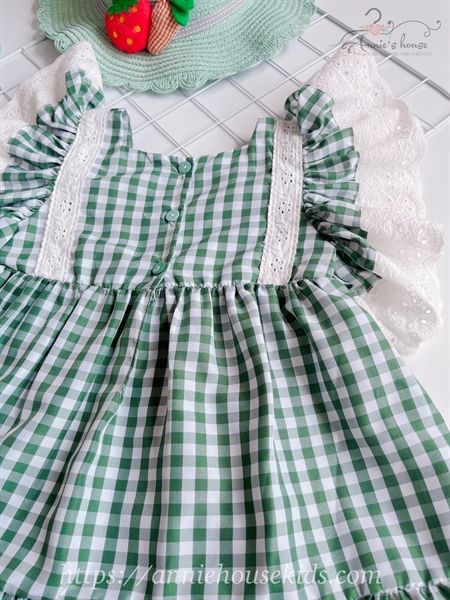  Đầm caro tay ren - xanh 