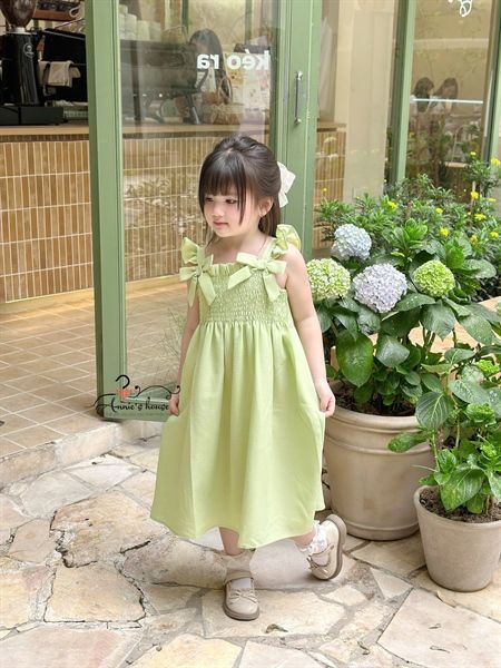  ĐẦM MAXI LUCIA - Nhún ngực tay cánh tiên đính nơ- Xanh Cốm 