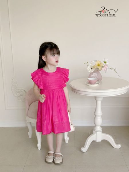  Đầm lụa xếp li tay cánh tiên - Hồng Sen 