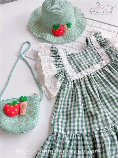  Đầm caro tay ren - xanh 