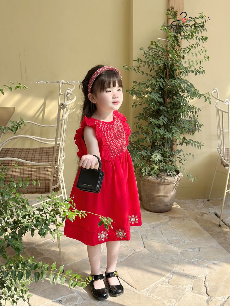  Đầm Tiểu Thư Thêu Gợn Sóng - Đỏ 