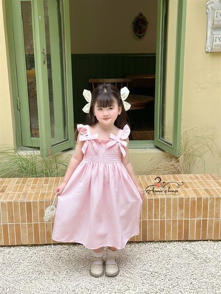  ĐẦM MAXI LUCIA - Nhún ngực tay cánh tiên đính nơ - Hồng Phấn 