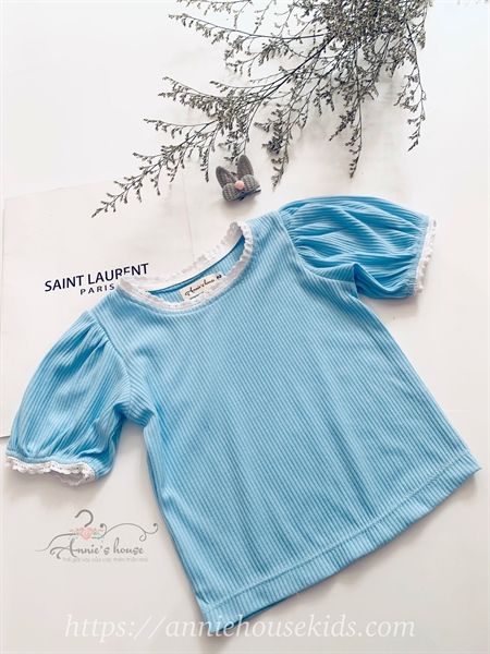  Áo thun tăm gân lớn viền ren - xanh biển 