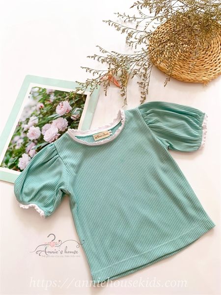  Áo thun tăm gân lớn viền ren - xanh ngọc 