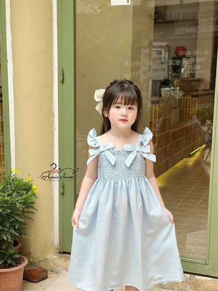  ĐẦM MAXI LUCIA - Nhún ngực tay cánh tiên đính nơ - Xanh Biển 