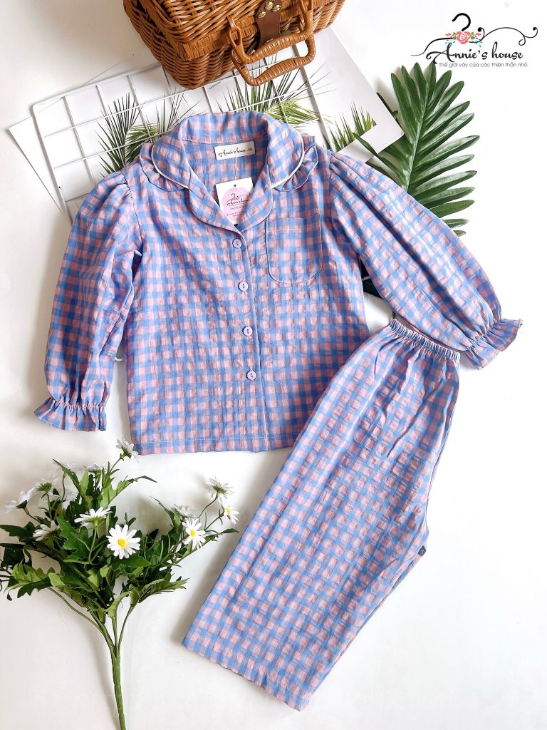  Bộ pijama dài tay caro - tím xanh 
