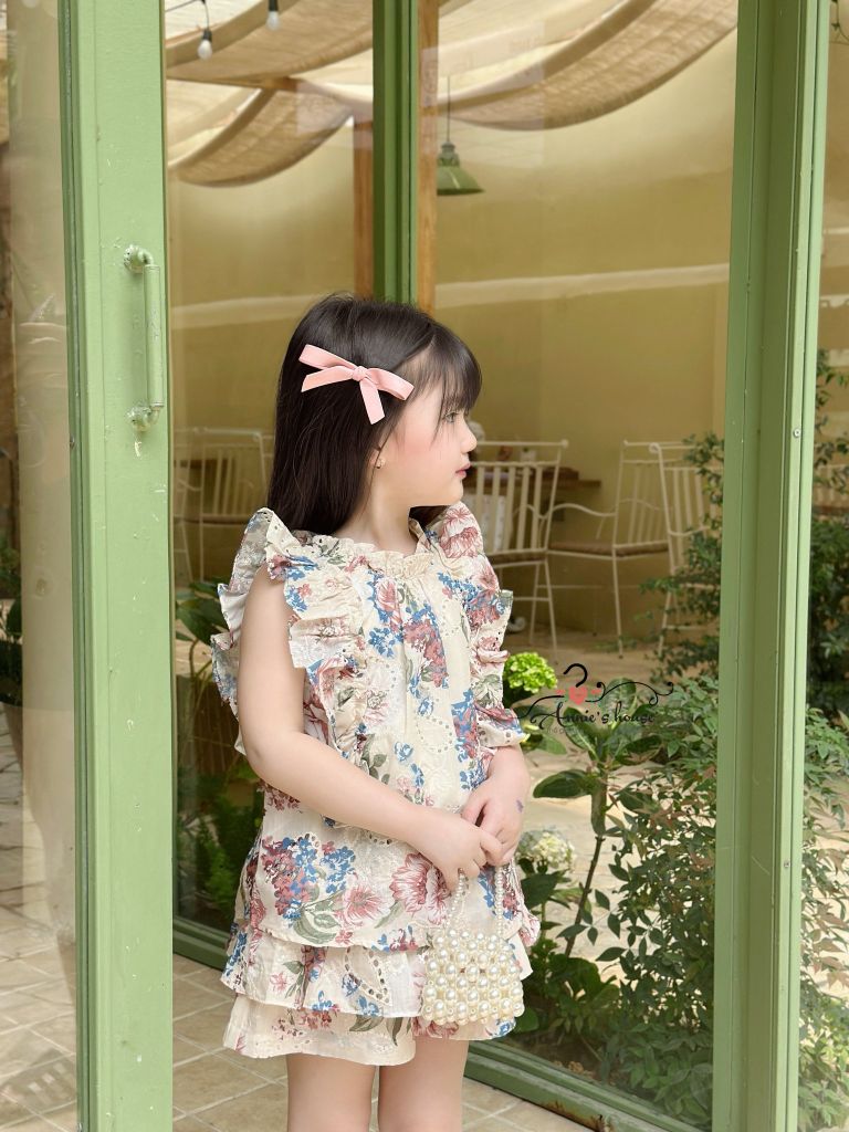  SET AMELIA TIỂU THƯ - Bèo Tầng Thô Thêu Hoa - màu kem 
