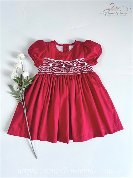 Váy smock đỏ phối ngực thêu hoa trắng tay bồng oli river HT024  Jadiny