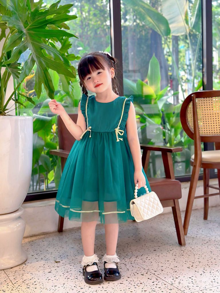  đầm voan phối nơ - Xanh 