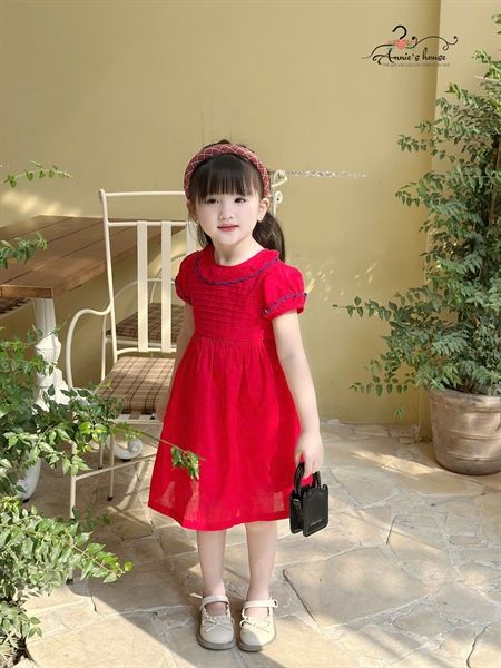  Đầm xếp li viền xanh - Đỏ 