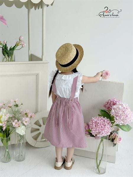  Set yếm nơ kẻ sọc - Đỏ 