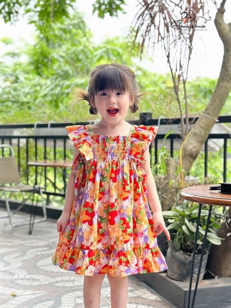  Đầm tay bèo nhún thun nơ 2 bên - Hoa cam 