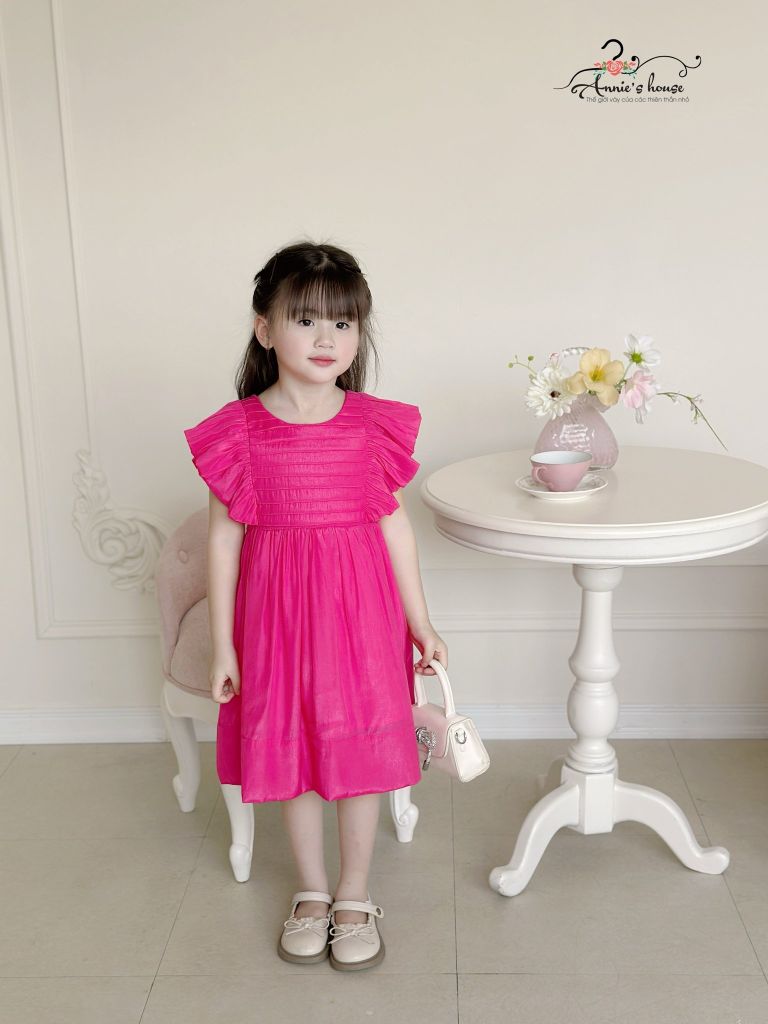  Đầm lụa xếp li tay cánh tiên - Hồng Sen 