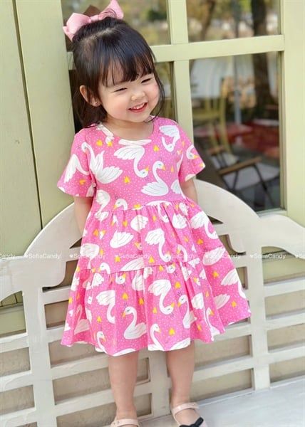  Đầm thun hồng họa tiết Thiên Nga SFA 