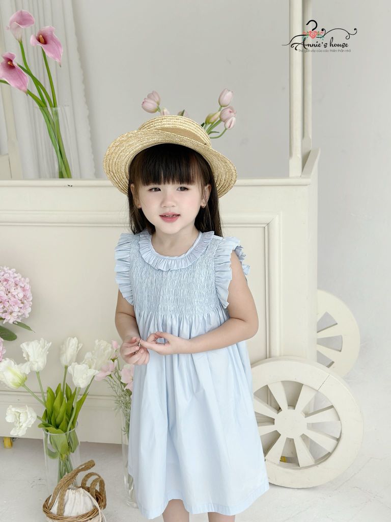  Đầm nhún thun tay con - Xanh 