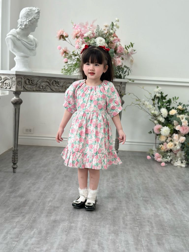  Đầm cổ nhún tay phồng - hoa hồng 