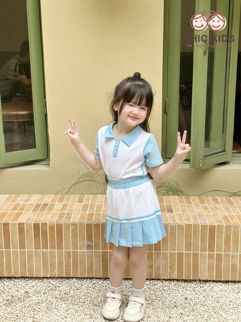  Set Active Chic - Thể Thao váy xếp pli - Trắng Xanh 