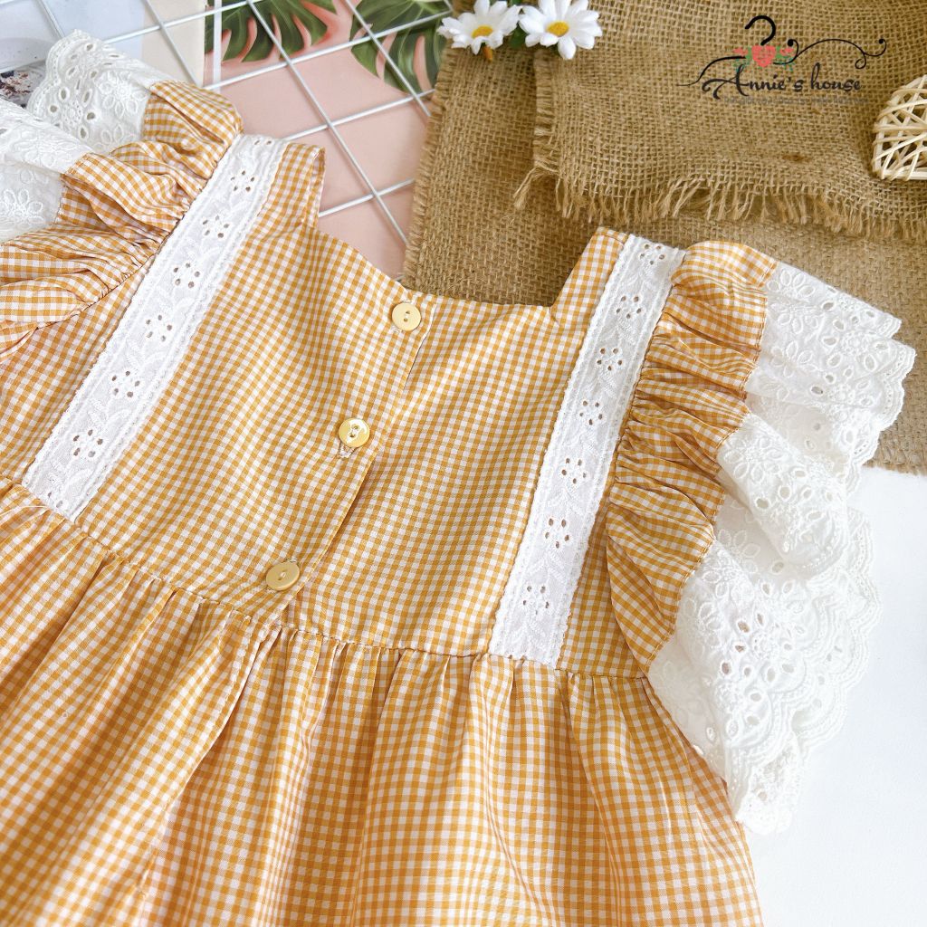  Đầm caro tay ren - vàng 