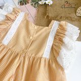  Đầm caro tay ren - vàng 