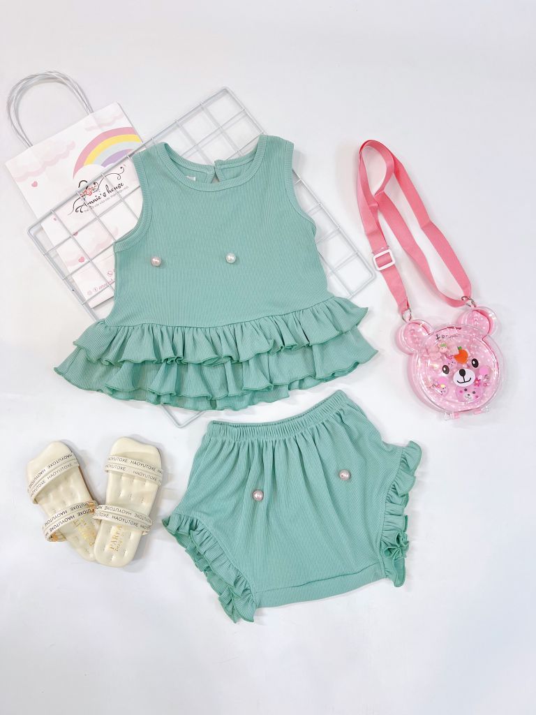  Bộ thun bèo tầng - xanh ngọc 