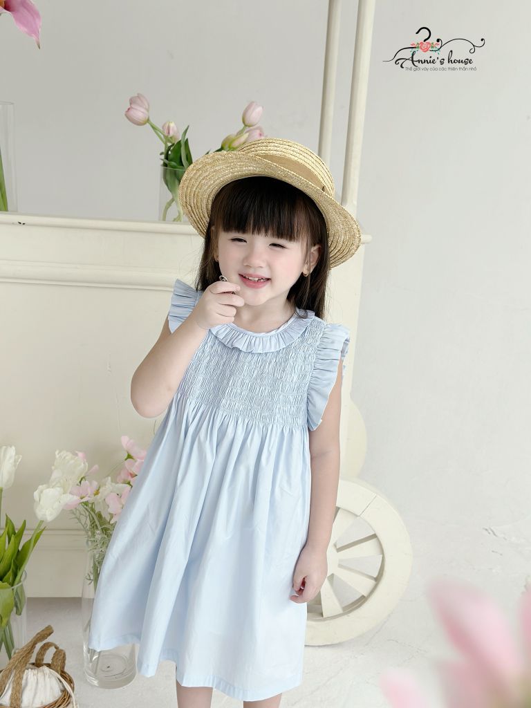  Đầm nhún thun tay con - Xanh 