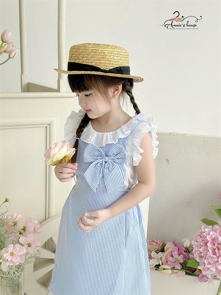  Set yếm nơ kẻ sọc - Xanh 