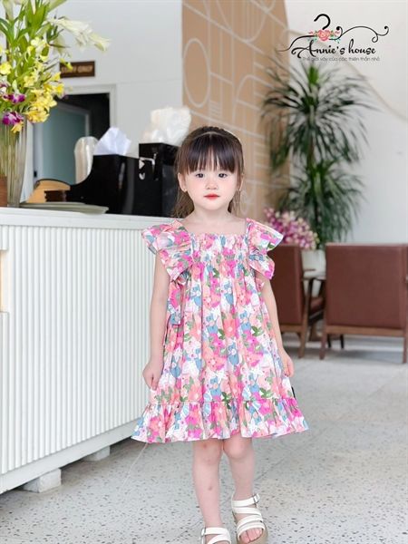  Đầm tay bèo nhún thun nơ 2 bên - Hoa Hồng 