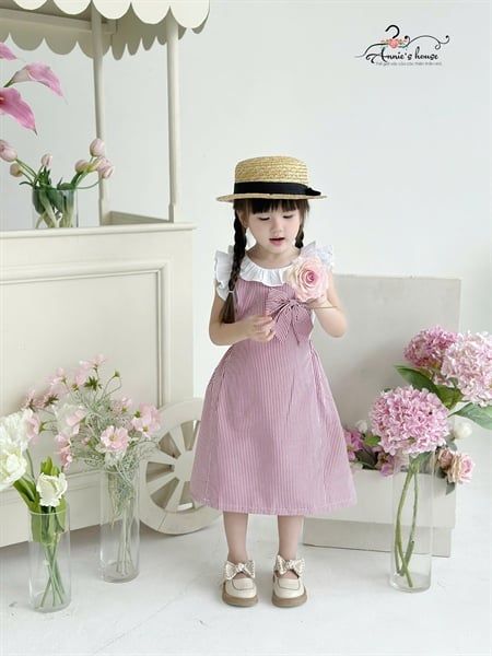  Set yếm nơ kẻ sọc - Đỏ 