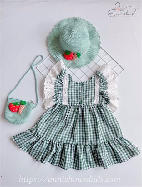  Đầm caro tay ren - xanh 