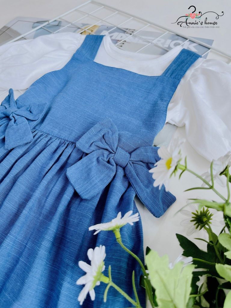  Set yếm linen đính nơ - Xanh Jean 