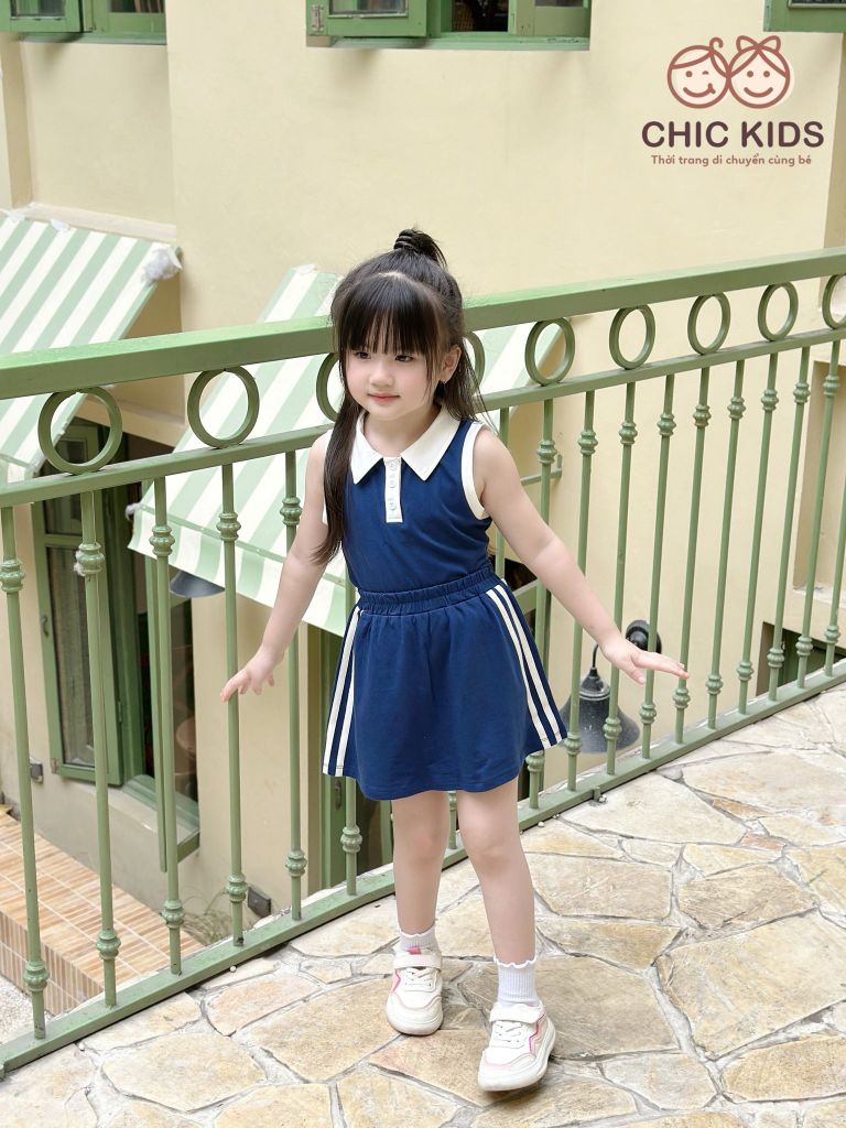  Set Sporty Chic - áo crop top viền trắng phối chân váy - Xanh 