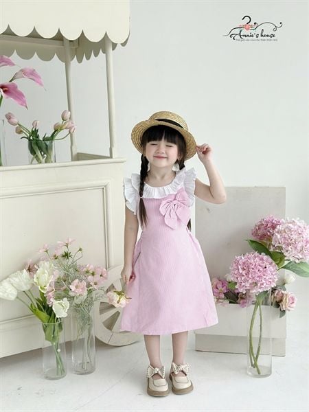  Set yếm nơ kẻ sọc - Hồng 