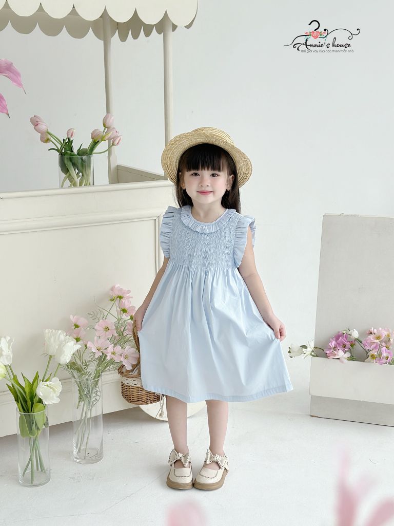  Đầm nhún thun tay con - Xanh 