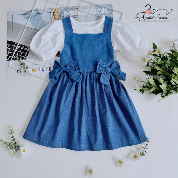  Set yếm linen đính nơ - Xanh Jean 