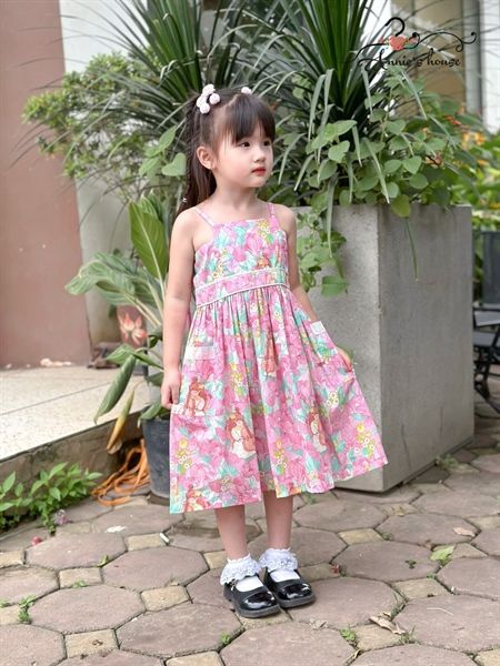  Đầm 2 dây nhún lưng - Hoa Hồng 