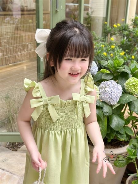  ĐẦM MAXI LUCIA - Nhún ngực tay cánh tiên đính nơ- Xanh Cốm 