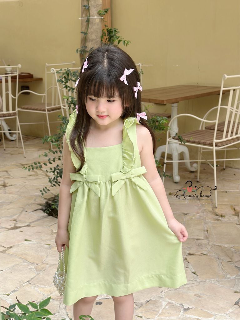  Đầm Lily - bèo vai đính nơ - xanh cốm 